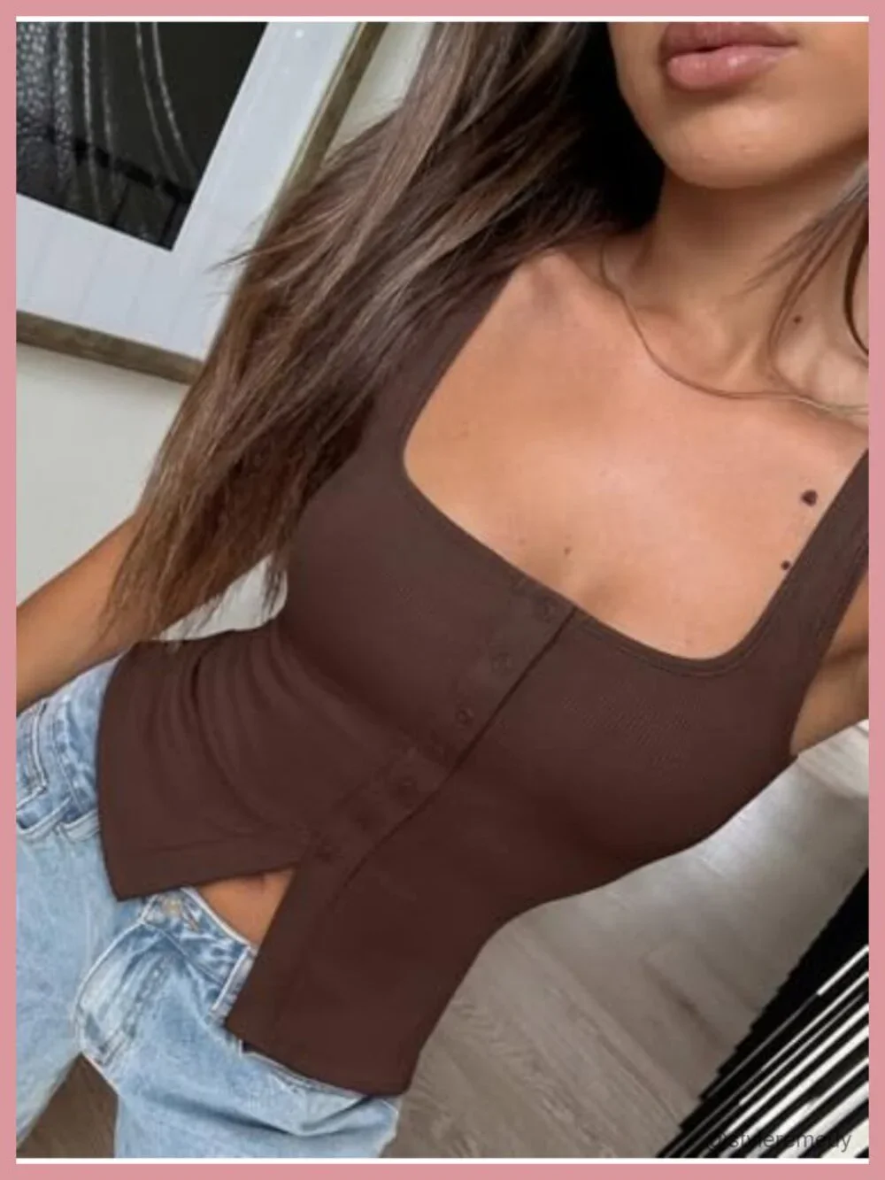 Ribbed Square Neck Crop Tank Top Sleeveless Button Down Vest